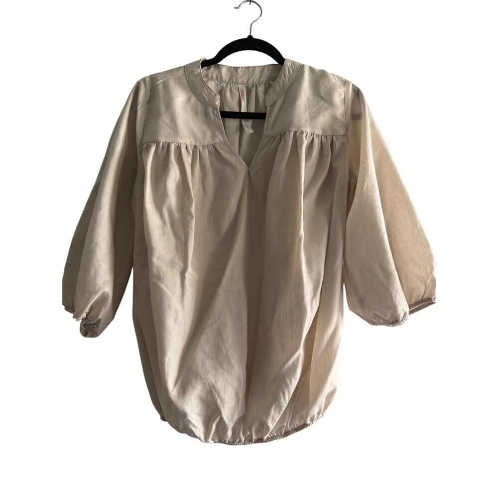 Renee C. Beige Linen Blend Popover 3/4 Sleeve V-Neck Blouse Women's Size Large